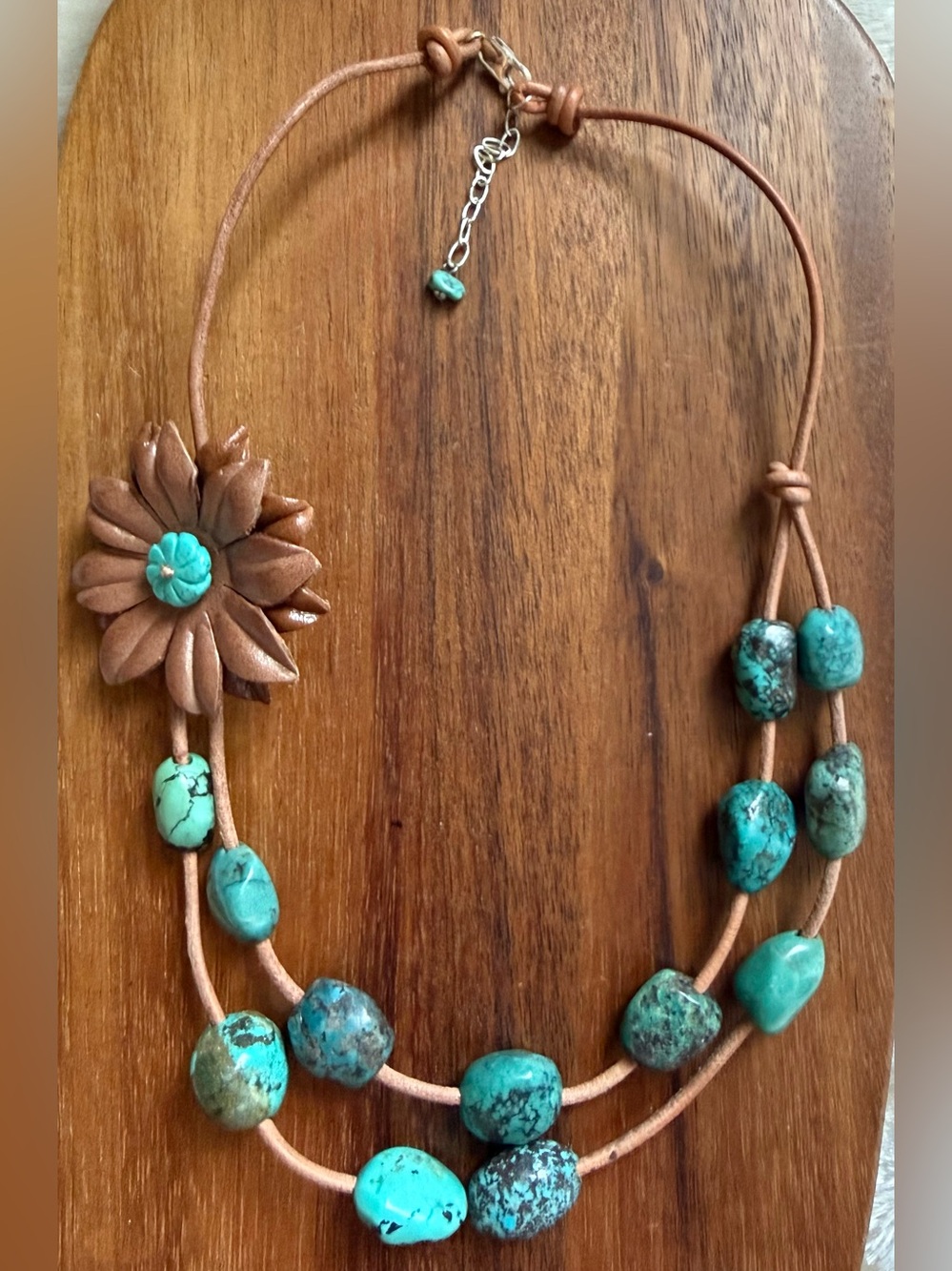 Turquoise Bead Leather Flower Pendant Necklace Sterling Silver EL marked